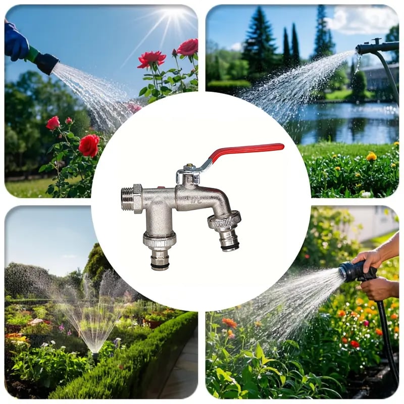 Dual-Outlet Garden Faucet – Stainless Steel, 2 Shut-Off Valves & Universal Hose Fit