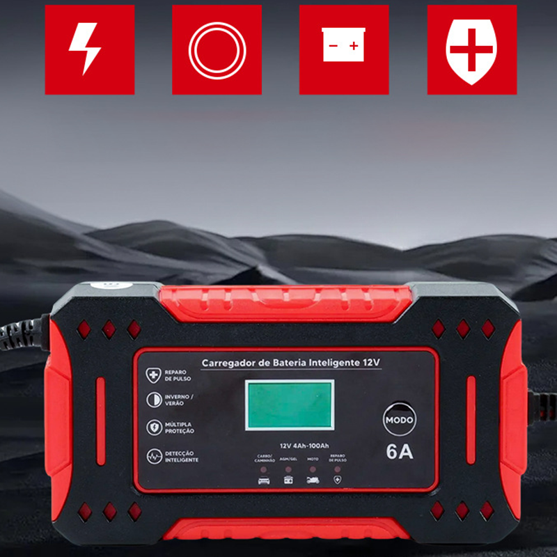 12V Car Battery Charger – 6A, LCD Display, Pulse Repair & 4–100Ah