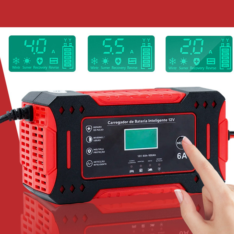 12V Car Battery Charger – 6A, LCD Display, Pulse Repair & 4–100Ah