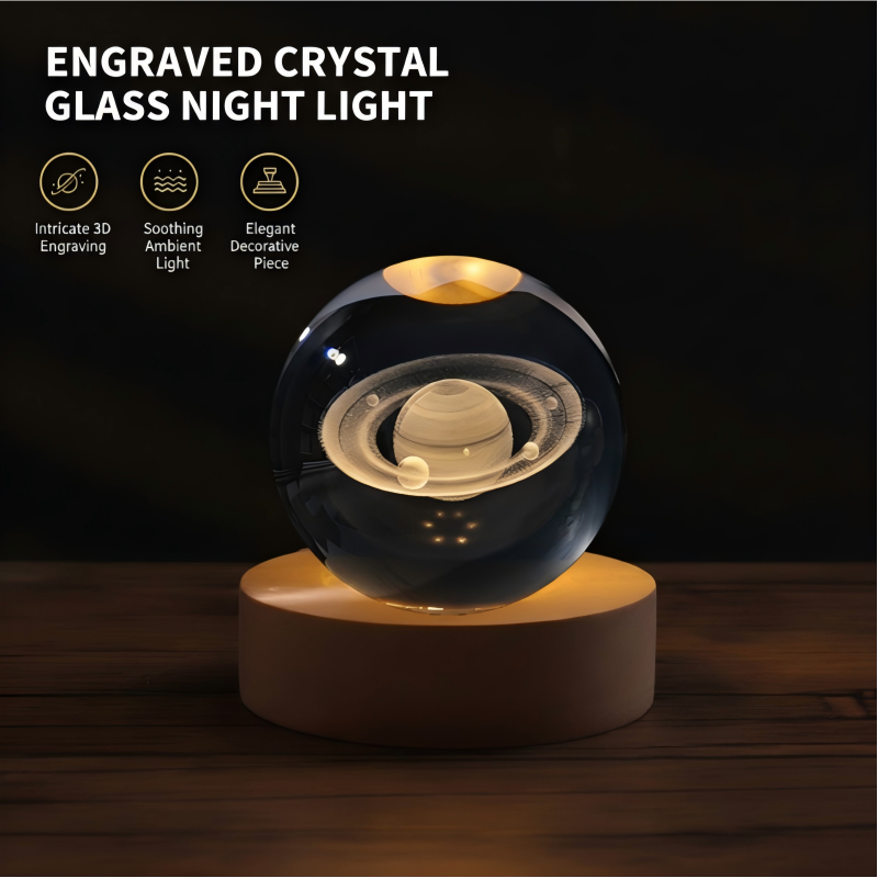 3D Engraved Crystal Night Light – Warm White LED, Galaxy Motifs & Wooden Base