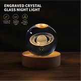 3D Engraved Crystal Night Light – Warm White LED, Galaxy Motifs & Wooden Base