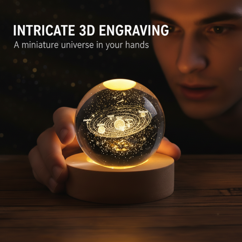 3D Engraved Crystal Night Light – Warm White LED, Galaxy Motifs & Wooden Base