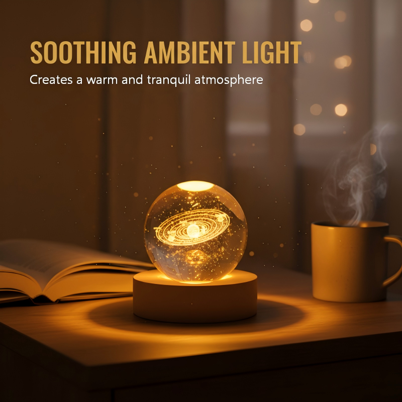 3D Engraved Crystal Night Light – Warm White LED, Galaxy Motifs & Wooden Base