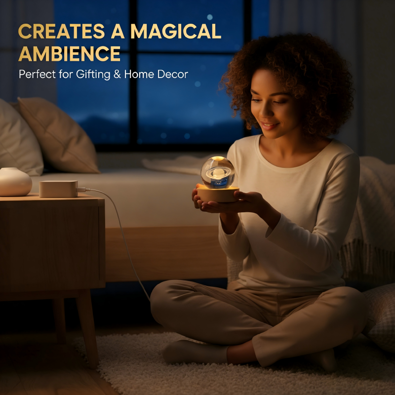 3D Engraved Crystal Night Light – Warm White LED, Galaxy Motifs & Wooden Base