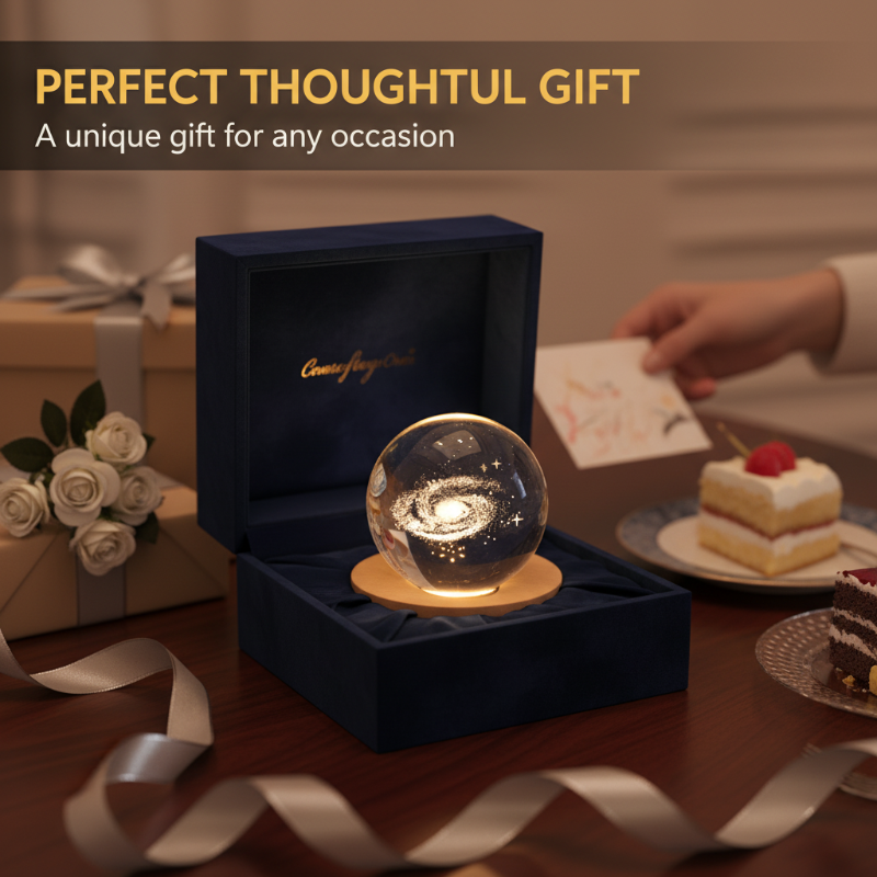 3D Engraved Crystal Night Light – Warm White LED, Galaxy Motifs & Wooden Base