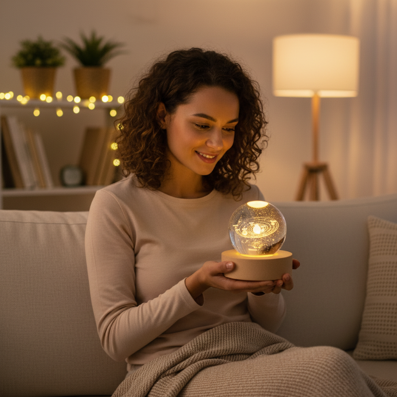 3D Engraved Crystal Night Light – Warm White LED, Galaxy Motifs & Wooden Base