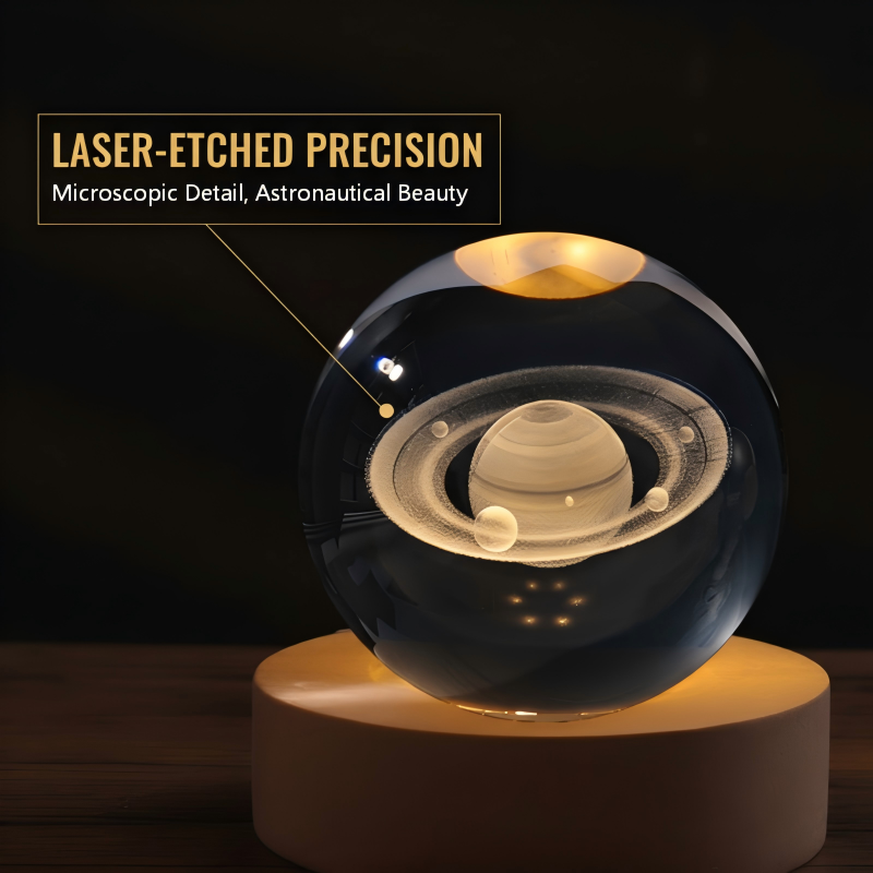 3D Engraved Crystal Night Light – Warm White LED, Galaxy Motifs & Wooden Base