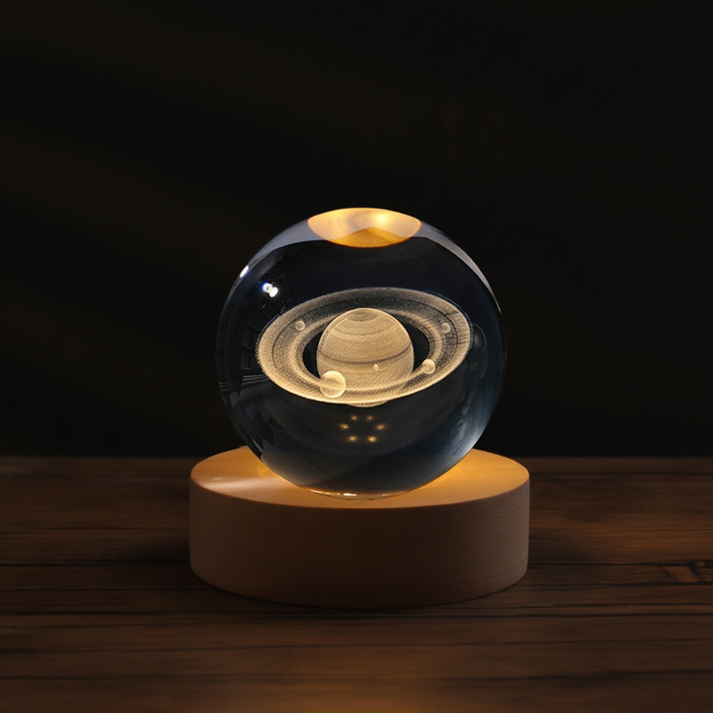 3D Engraved Crystal Night Light – Warm White LED, Galaxy Motifs & Wooden Base