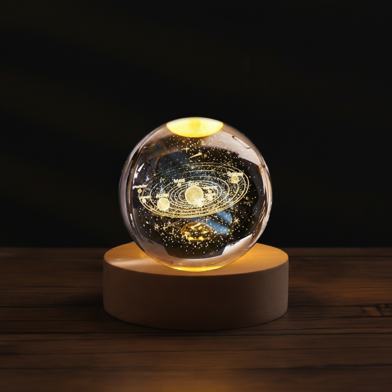 3D Engraved Crystal Night Light – Warm White LED, Galaxy Motifs & Wooden Base
