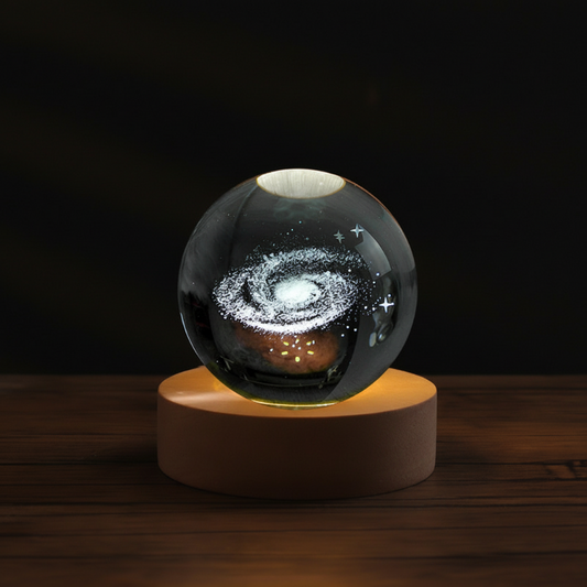 3D Engraved Crystal Night Light – Warm White LED, Galaxy Motifs & Wooden Base