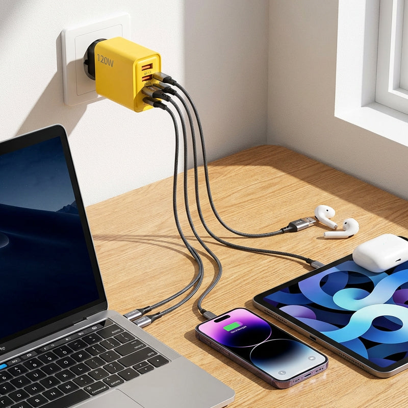 4-Port USB Fast Charger – 120W, 2× USB-C PD & 2× USB-A QC3.0, EU Plug