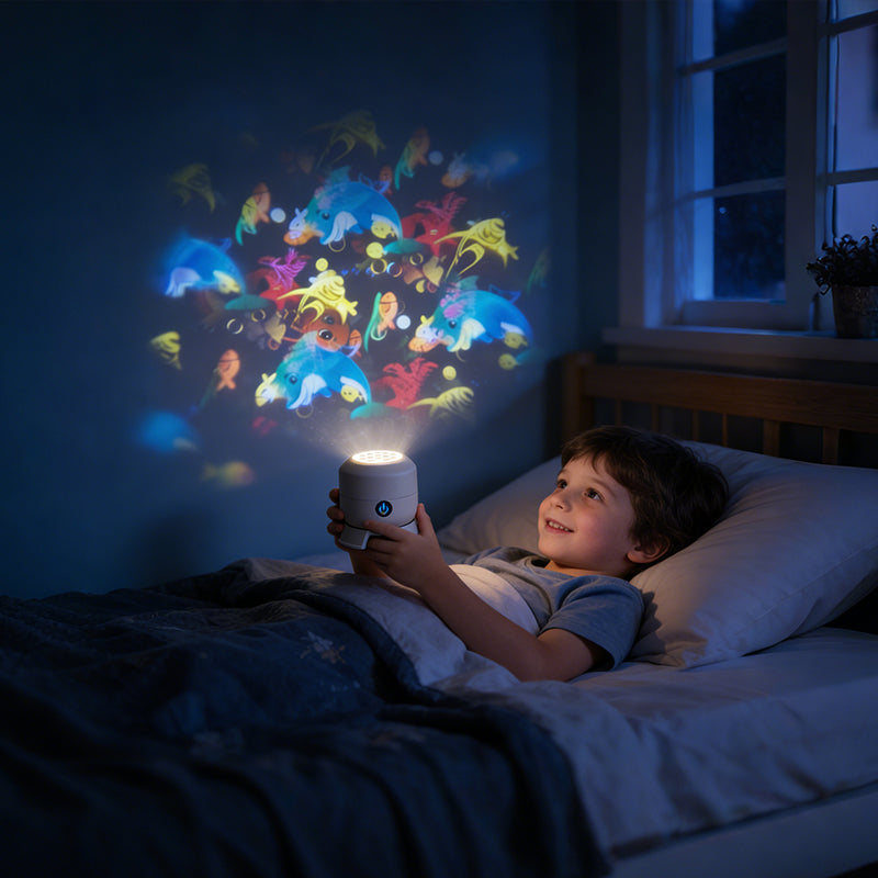 Rotating LED Projector Night Light – Ocean, Christmas & Snowflake Effects, USB Rechargeable