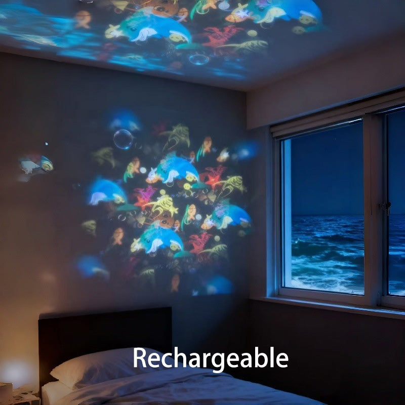 Rotating LED Projector Night Light – Ocean, Christmas & Snowflake Effects, USB Rechargeable