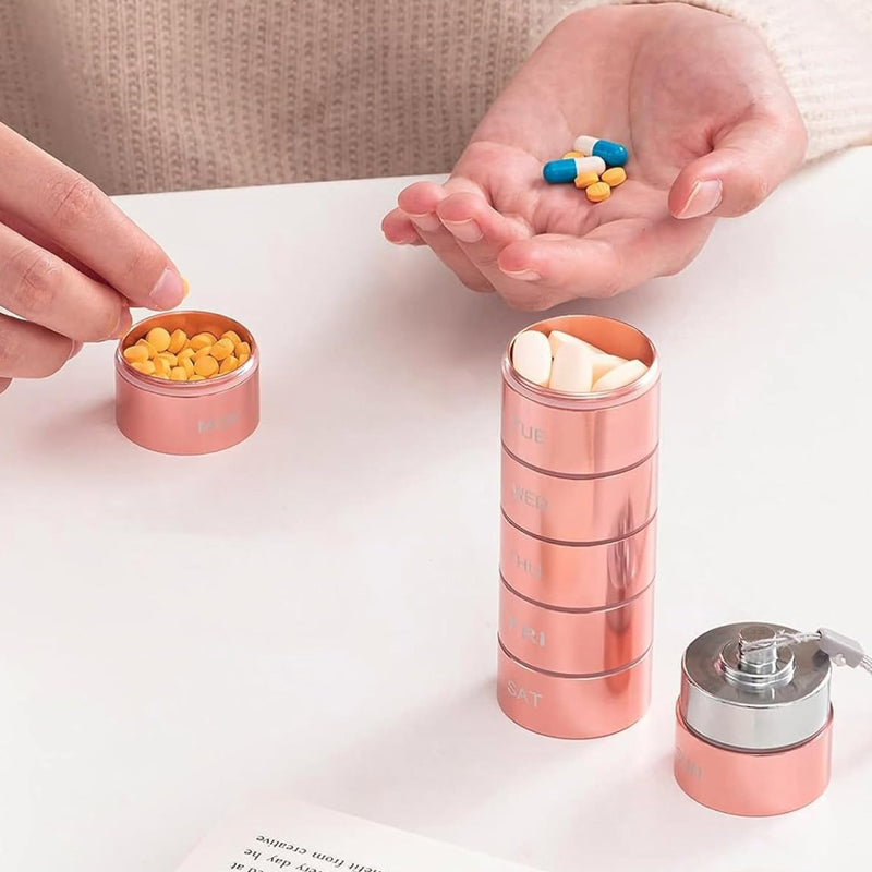 7-Day Pill Organizer – Waterproof Aluminum, Spin-Lock & Portable