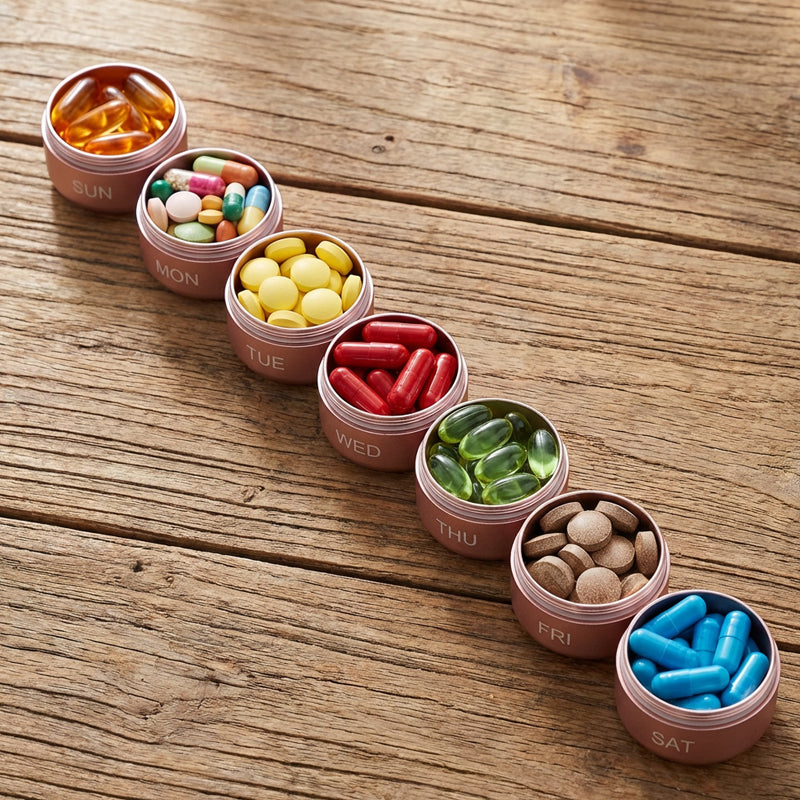 7-Day Pill Organizer – Waterproof Aluminum, Spin-Lock & Portable