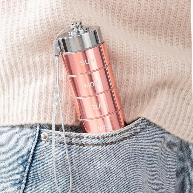 7-Day Pill Organizer – Waterproof Aluminum, Spin-Lock & Portable
