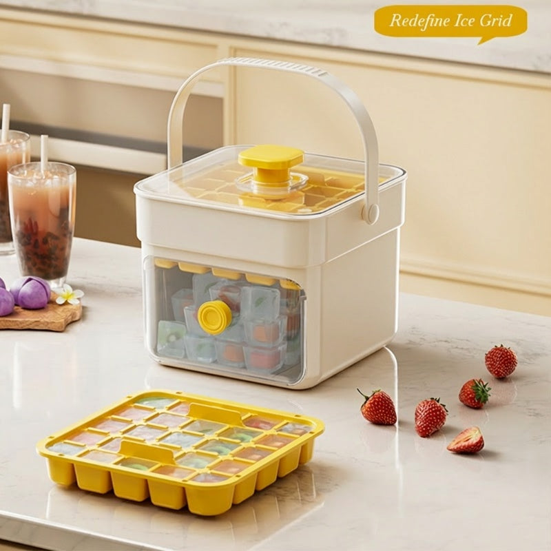 Push-Button Ice Cube Tray – BPA-Free PET/PP, Storage Bin & Ice Scoop