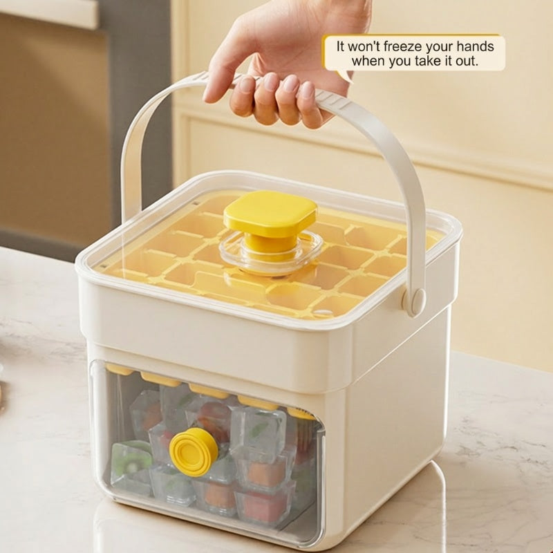 Push-Button Ice Cube Tray – BPA-Free PET/PP, Storage Bin & Ice Scoop