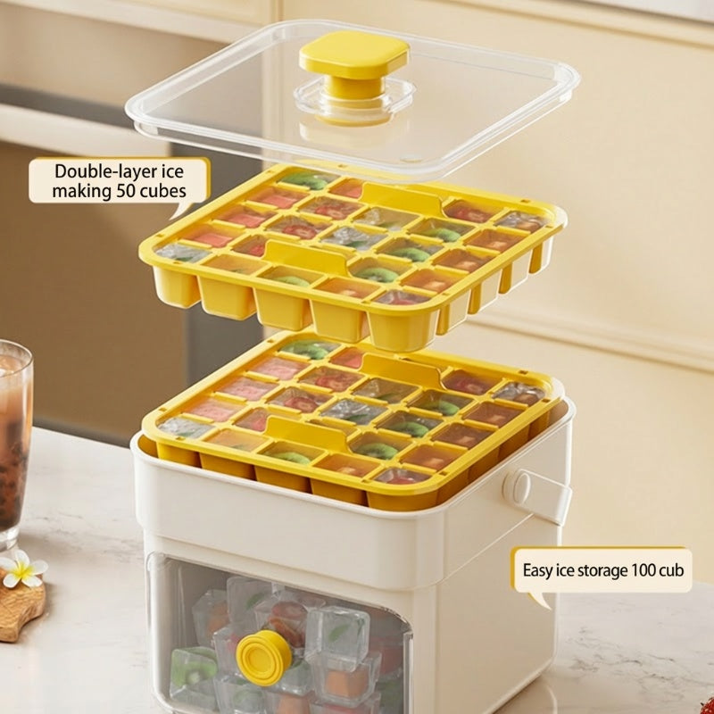 Push-Button Ice Cube Tray – BPA-Free PET/PP, Storage Bin & Ice Scoop