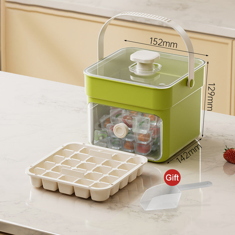 Push-Button Ice Cube Tray – BPA-Free PET/PP, Storage Bin & Ice Scoop