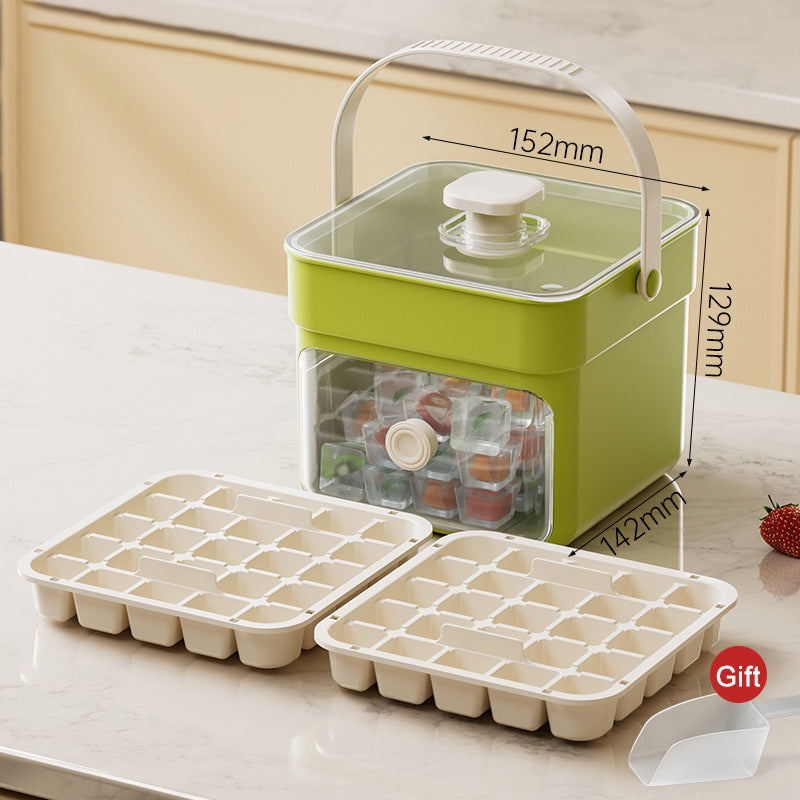 Push-Button Ice Cube Tray – BPA-Free PET/PP, Storage Bin & Ice Scoop