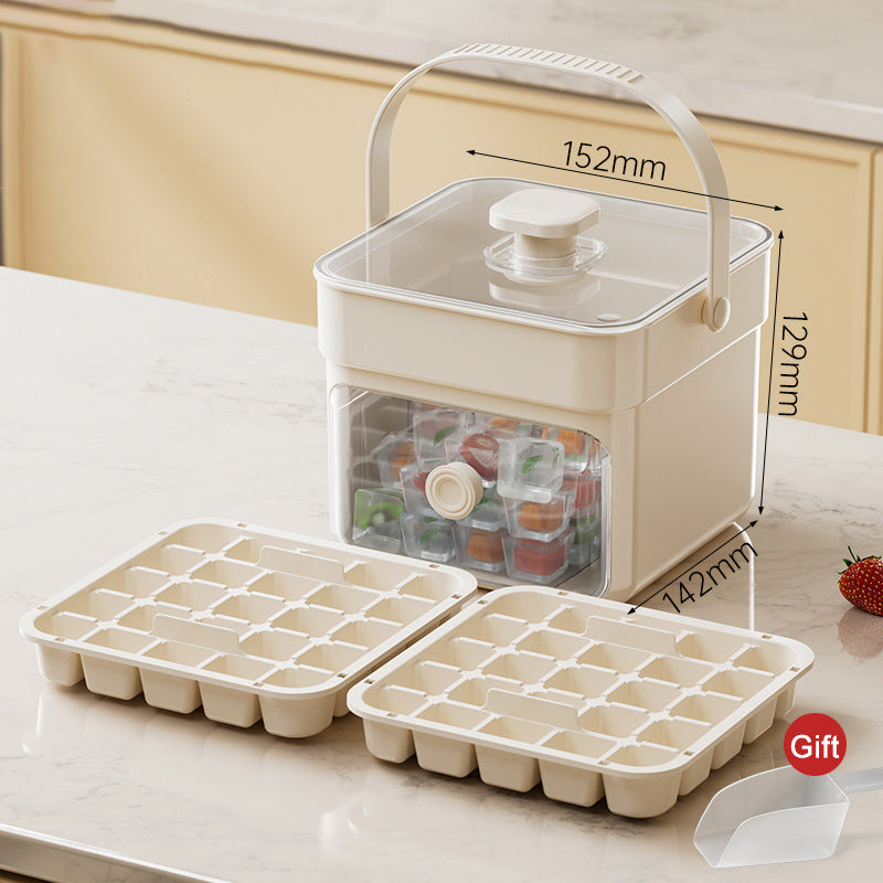Push-Button Ice Cube Tray – BPA-Free PET/PP, Storage Bin & Ice Scoop