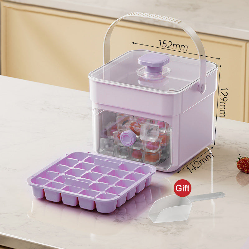 Push-Button Ice Cube Tray – BPA-Free PET/PP, Storage Bin & Ice Scoop