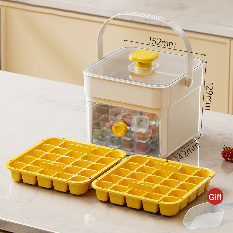 Push-Button Ice Cube Tray – BPA-Free PET/PP, Storage Bin & Ice Scoop