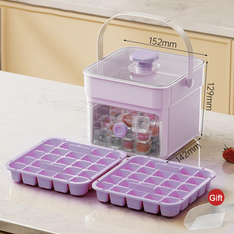 Push-Button Ice Cube Tray – BPA-Free PET/PP, Storage Bin & Ice Scoop