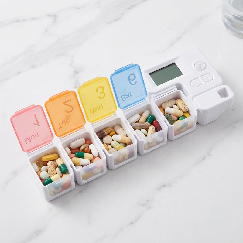 Digital Pill Box with Timer – 4 Daily Alarms, Large LCD, Removable Compartments