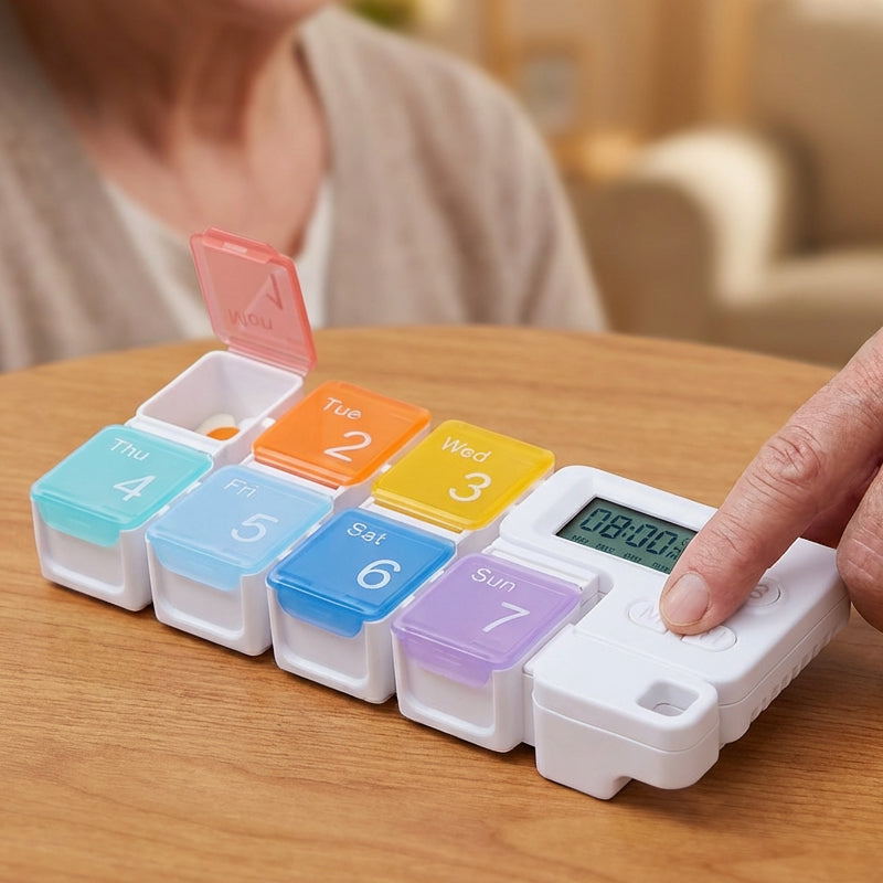Digital Pill Box with Timer – 4 Daily Alarms, Large LCD, Removable Compartments