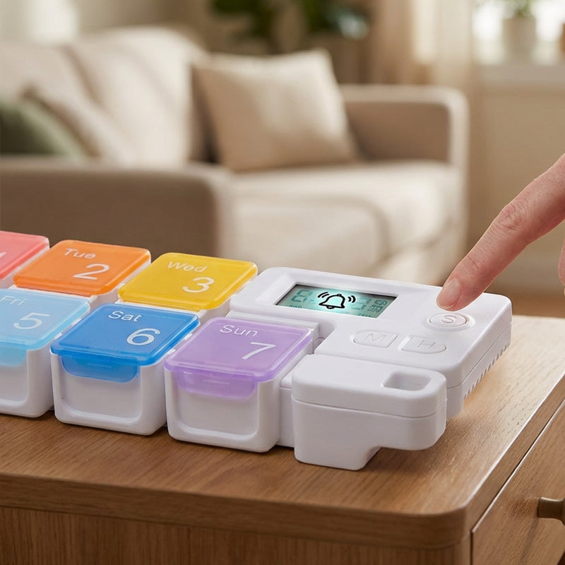 Digital Pill Box with Timer – 4 Daily Alarms, Large LCD, Removable Compartments
