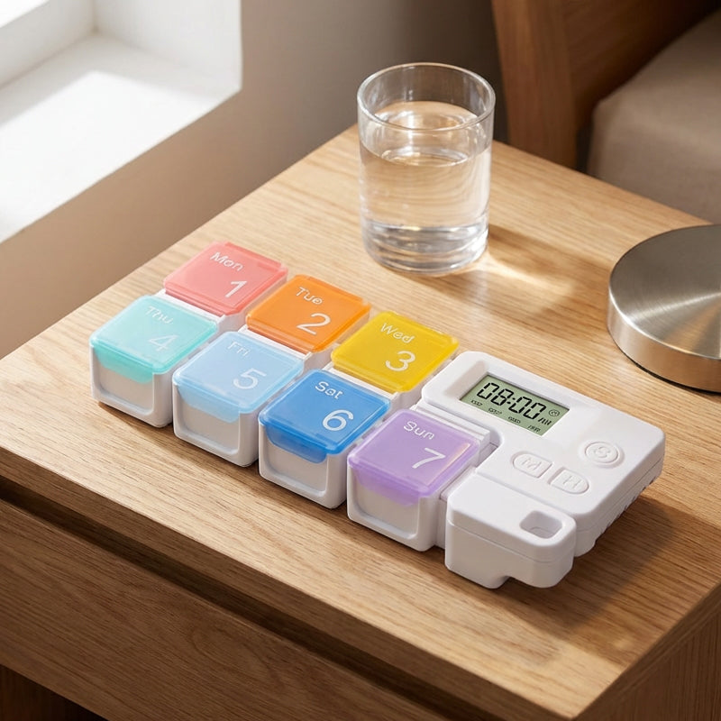 Digital Pill Box with Timer – 4 Daily Alarms, Large LCD, Removable Compartments