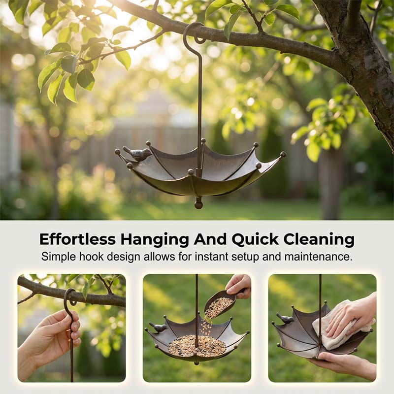Hanging Umbrella Birdbath – Rust-Proof Iron, 28×23.5cm & Antique Brown Finish