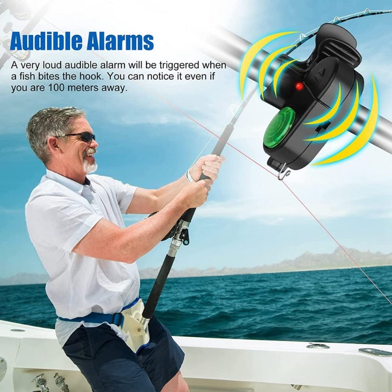 Fishing Bite Alarm with LED Light – Sound Alert, Adjustable Sensitivity & Clip-On Weatherproof