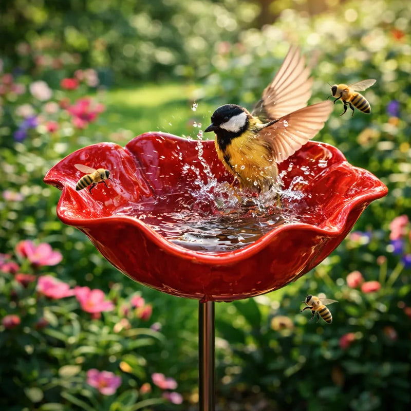 Vogeltränke aus Metall – Mohnblüten-Design für Garten & Balkon