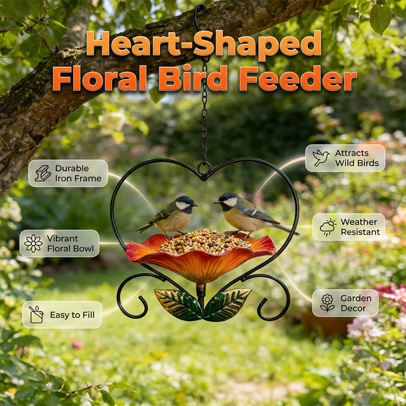 Heart-Shaped Bird Feeder – Iron Flower Bowl, Rust-Resistant & Hanging Chain