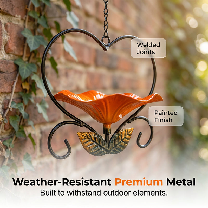 Heart-Shaped Bird Feeder – Iron Flower Bowl, Rust-Resistant & Hanging Chain