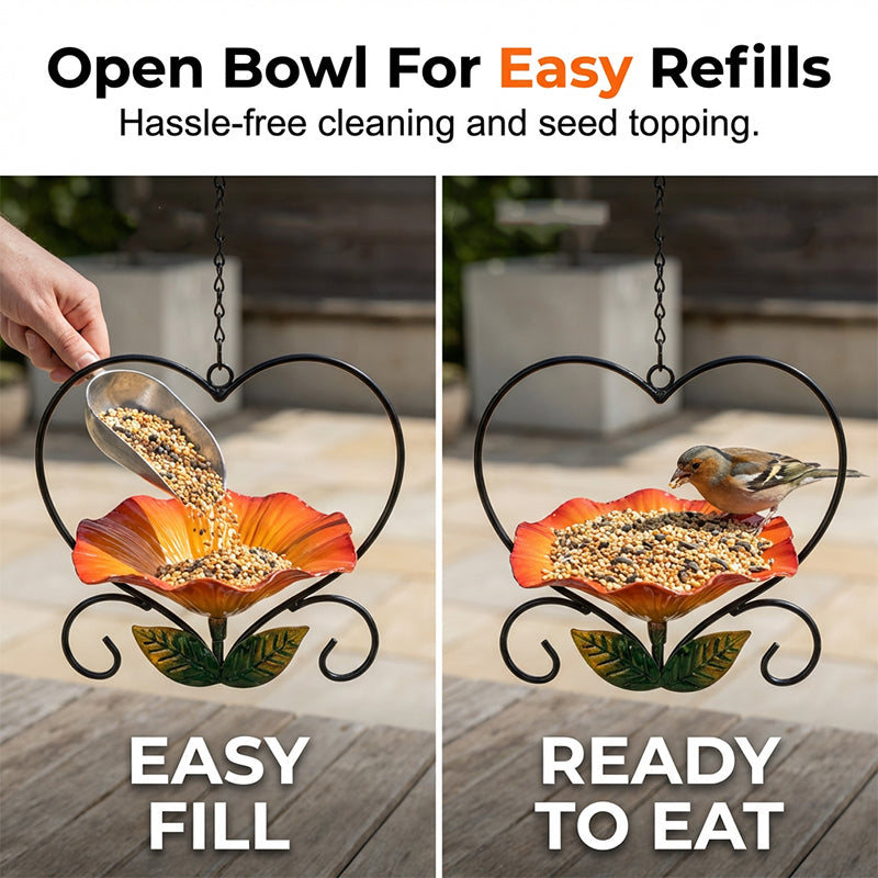 Heart-Shaped Bird Feeder – Iron Flower Bowl, Rust-Resistant & Hanging Chain