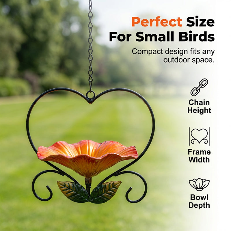 Heart-Shaped Bird Feeder – Iron Flower Bowl, Rust-Resistant & Hanging Chain