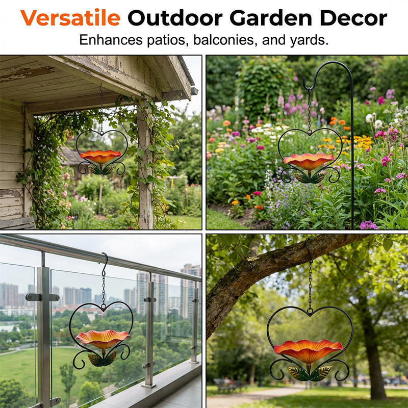 Heart-Shaped Bird Feeder – Iron Flower Bowl, Rust-Resistant & Hanging Chain