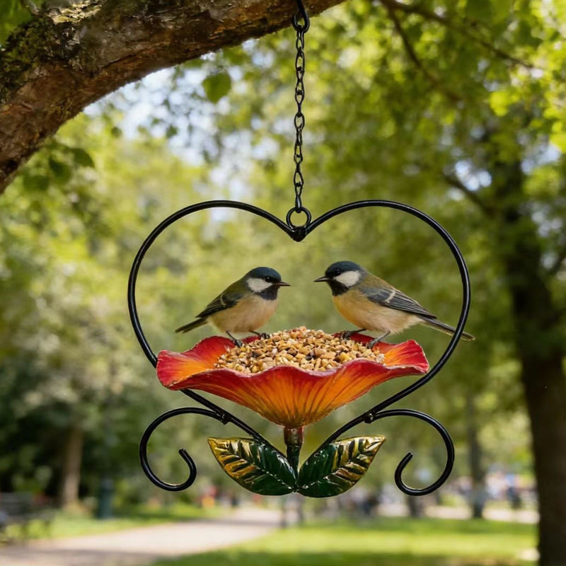 Heart-Shaped Bird Feeder – Iron Flower Bowl, Rust-Resistant & Hanging Chain