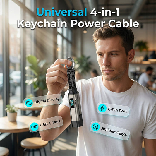 4-in-1 Keychain Charging Cable – 65W Fast Charge, Digital Power Display, Braided