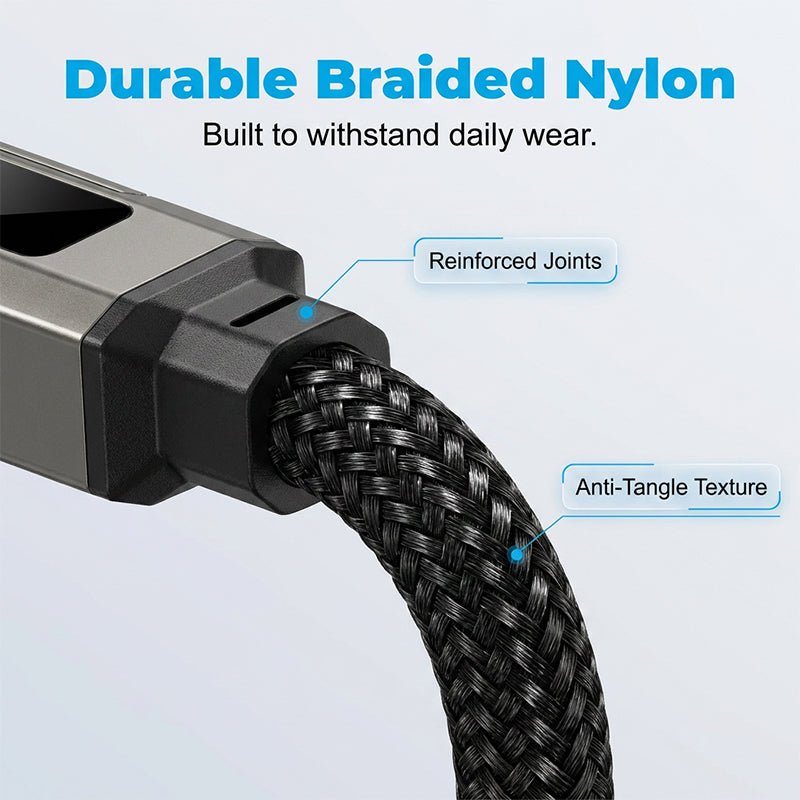 4-in-1 Keychain Charging Cable – 65W Fast Charge, Digital Power Display, Braided