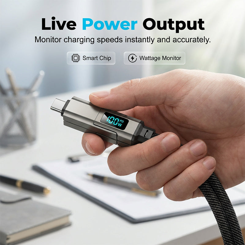 4-in-1 Keychain Charging Cable – 65W Fast Charge, Digital Power Display, Braided
