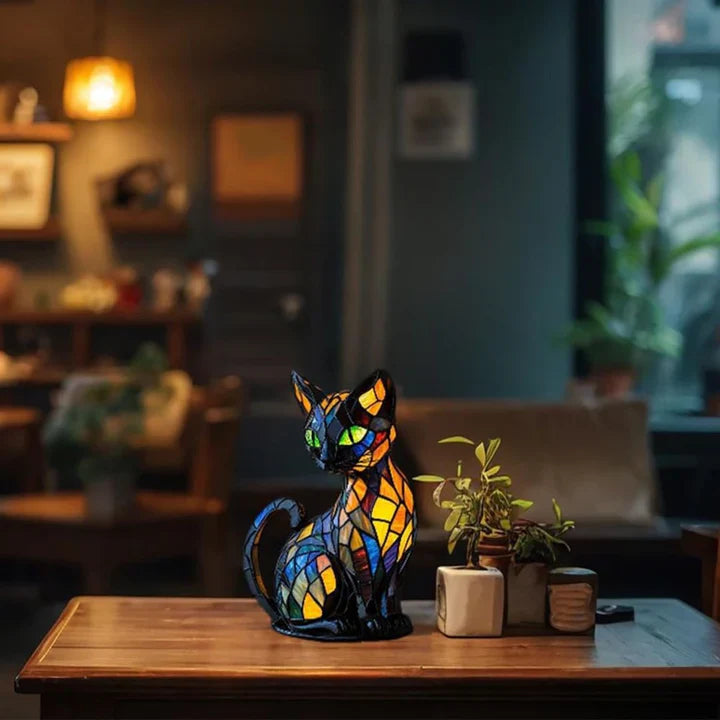 Stained Glass Cat-Shaped Table Lamp with LED Lighting - 30-36 cm | Unique Home Decor & Gift Idea