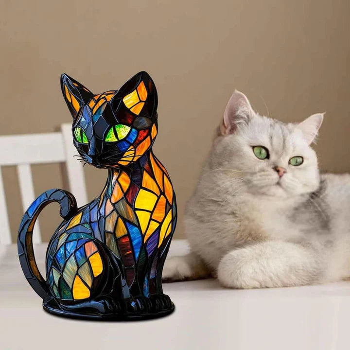 Stained Glass Cat-Shaped Table Lamp with LED Lighting - 30-36 cm | Unique Home Decor & Gift Idea