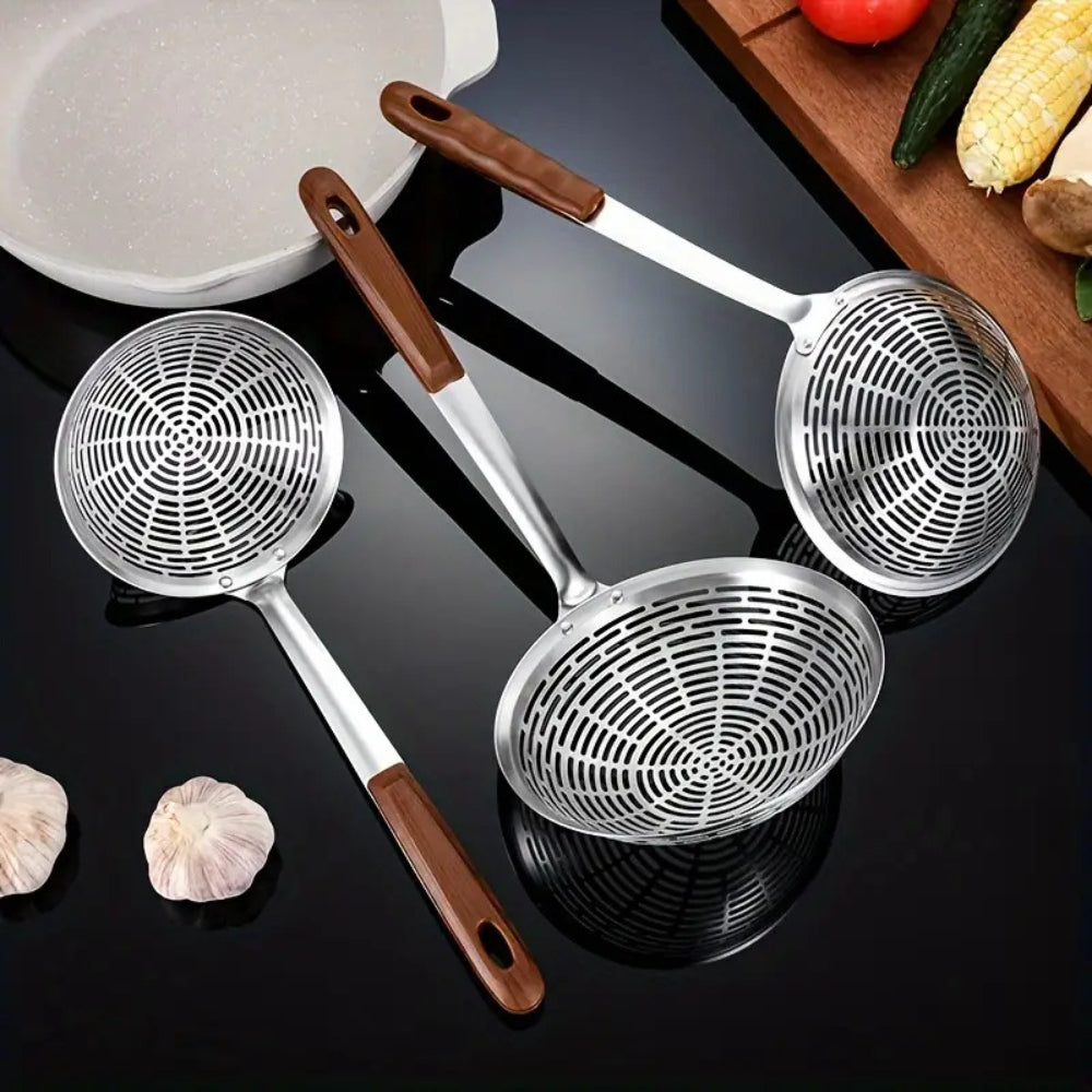 Premium Steel Skimmer Spoon with Ergonomic Wooden Handle - Perfect for Cooking and Straining