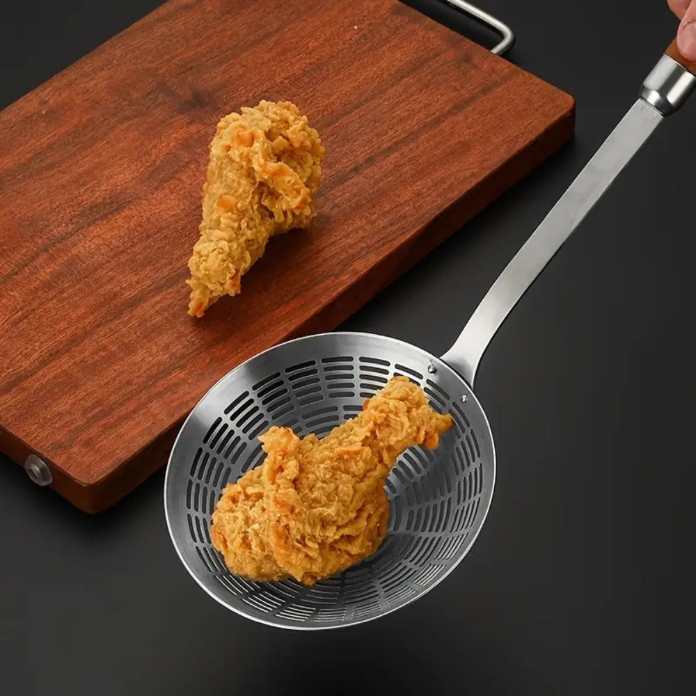Premium Steel Skimmer Spoon with Ergonomic Wooden Handle - Perfect for Cooking and Straining