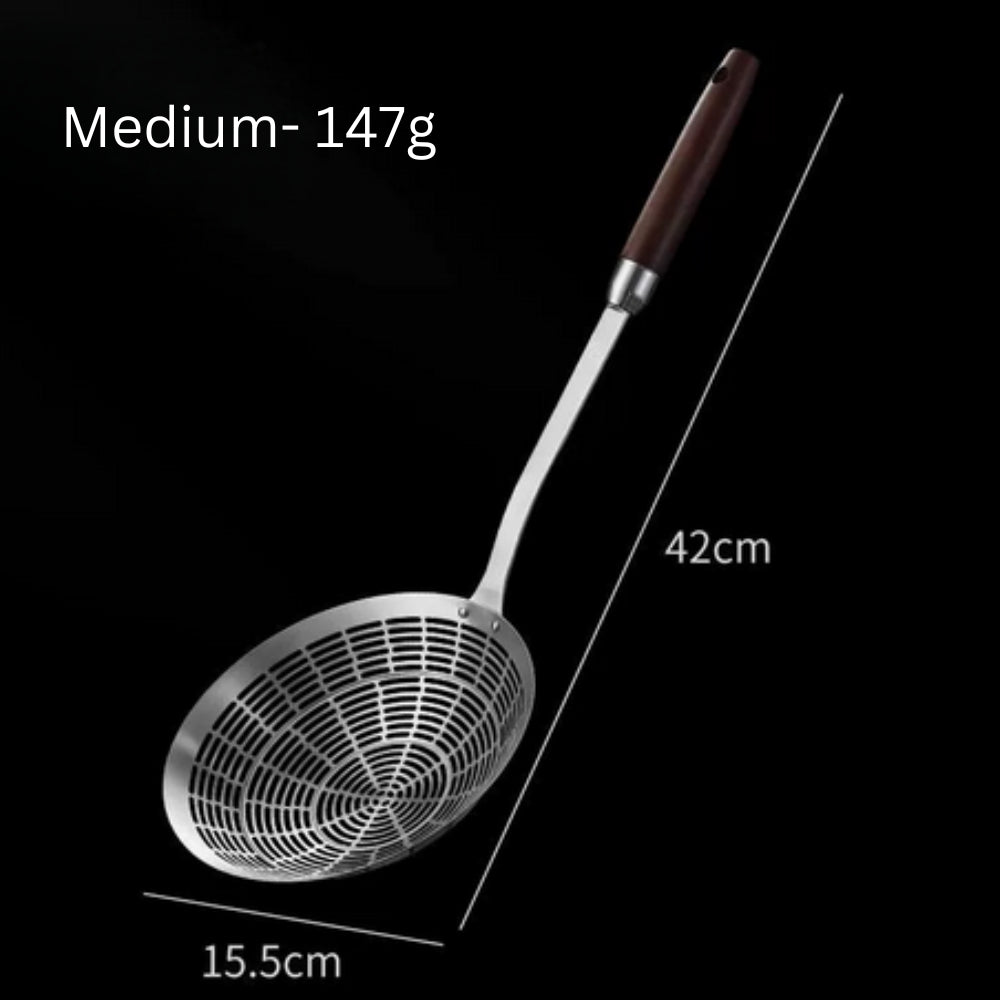 Premium Steel Skimmer Spoon with Ergonomic Wooden Handle - Perfect for Cooking and Straining